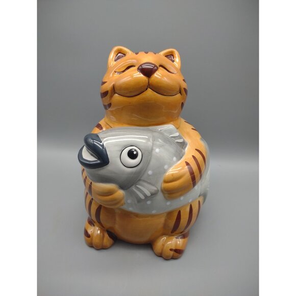 10" Orange Tabby Smiling Cat Holding Fish Ceramic Cookie Jar & Box, CKAO China - Picture 17 of 17